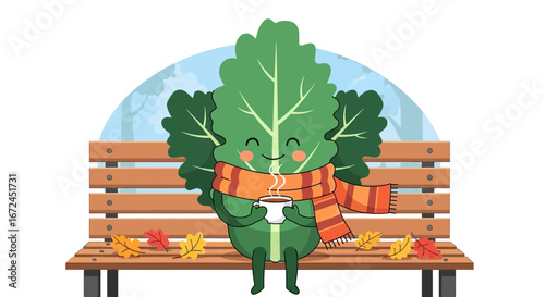 Charming Leaf Character Enjoying Warm Beverage While Relaxing On A Bench In Autumn
