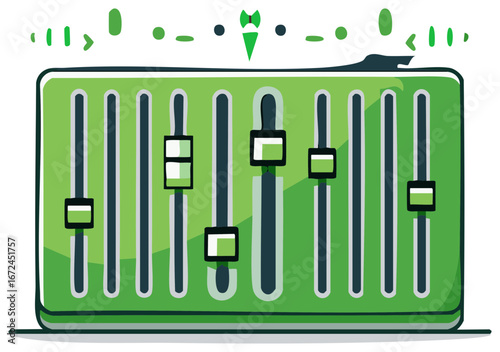 Green audio mixing board with sliders and sound wave symbols on a white background