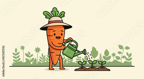 Cheerful Carrot Person Watering Young Plants in a Garden Setting with a Smiling Expression