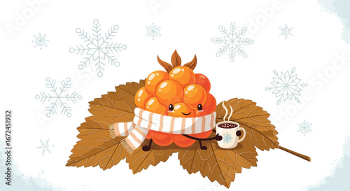 Cheerful Cartoon Character Enjoying Warm Beverage Amidst Snowflakes and Autumnal Leaves