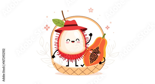 Cheerful Cartoon Fruit Duo Smiling Happily Inside a Woven Basket, Ready for Fun Times