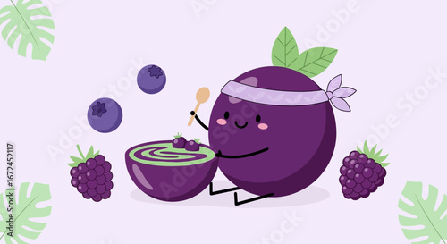 Cheerful Cartoon Fruit Character Preparing Healthy Berry Smoothie With Berries