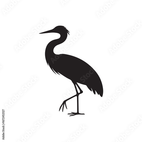 Silhouette of a tall wading bird with a long neck and beak standing on one leg in profile. vector