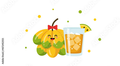 Cheerful Cartoon Fruit with Refreshing Drink Concept on White Background Design
