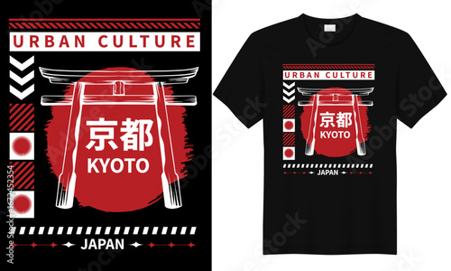 Japanese streetwear t-shirt design featuring Kyoto torii gate with red rising sun and bold urban culture style