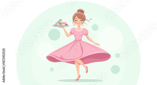 Charming Young Woman Holding a Plate Of Parisian Macarons in Stylish Pink Dress