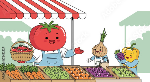 Cheerful Characters Selling Fresh Produce In A Vibrant And Appealing Market Scene