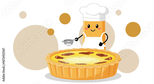 Cheerful Chef Adorably Garnishing A Freshly Baked Tart With Sweet Powder