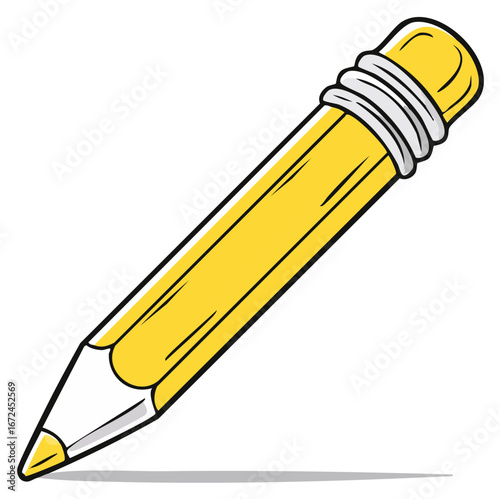 Yellow graphite pencil with eraser and sharpened tip on a white background in cartoon style