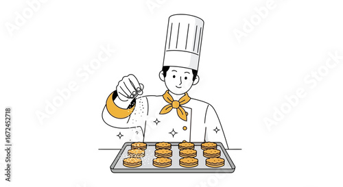 Cheerful Chef Garnishes Freshly Baked Treats with Artistic Flair for Culinary Delight