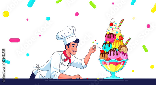 Cheerful Chef Garnishing Extravagant Ice Cream Dessert with Colorful Sprinkles
