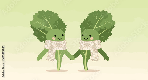 Cheerful Animated Green Vegetal Companions Hold Hands Smiling Happily Wearing Scarves