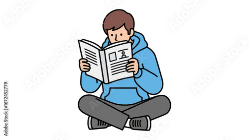 Reading in Leisure: A young man engrossed in a book, cross-legged, representing study, comfort, and intellectual engagement.