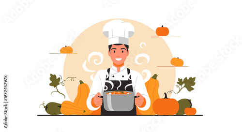 Cheerful Chef Presenting A Delicious Soup Surrounded By Colorful Pumpkins Illustration