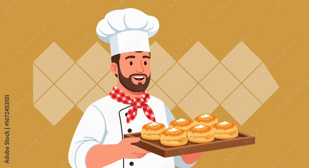 Cheerful Chef Proudly Presents Baked Goods, Fresh From the Oven Kitchen, Ready to Serve Cheerful Chef Proudly Presents Baked Goods, Fresh From the Oven Kitchen, Ready to Serve