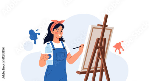 Cheerful Artist Painting on Canvas, Holding Water Bottle, Creative Artistic Expressions