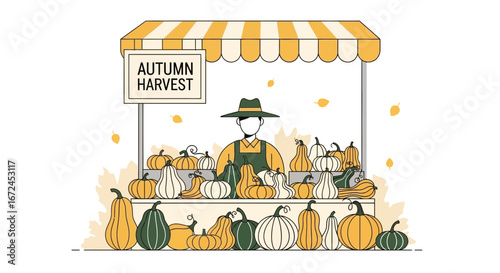 Cheerful Autumn Harvest Market Scene: A Bountiful Display of Diverse Pumpkins and Vendor