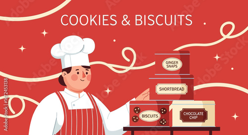 Cheerful Chef Presents Biscuit And Cookie Selections In Reddish Setting And Stylish Design