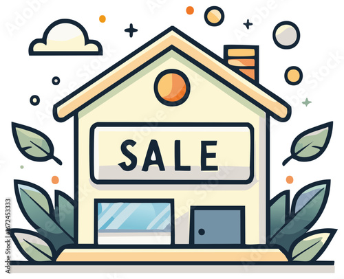 Modern Cartoon House with Sale Sign and Decorative Elements