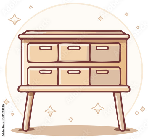 Stylish Minimalist Wooden Cabinet with Multiple Drawers and Elegant Leg Design, Accented by Sparkling Decorative Elements