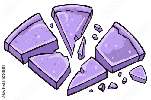 Broken purple dessert pie pieces and scattered crumbs abstract cartoon illustration