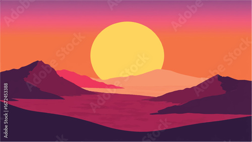 Sunset Over Layers of Rolling Hills and Mountains Landscape. Illustration of a Mountain Landscape at Sunset.