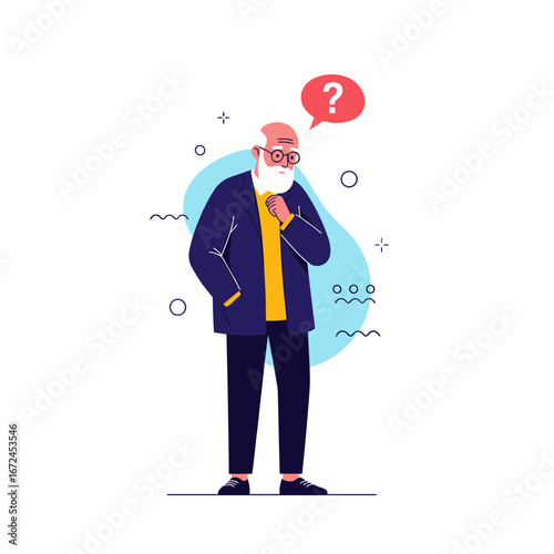 Elderly man standing pondering a question mark symbolizing confusion or uncertainty