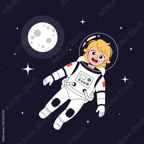 Joyful young astronaut floats in space with a radiant moon and twinkling stars above and around her