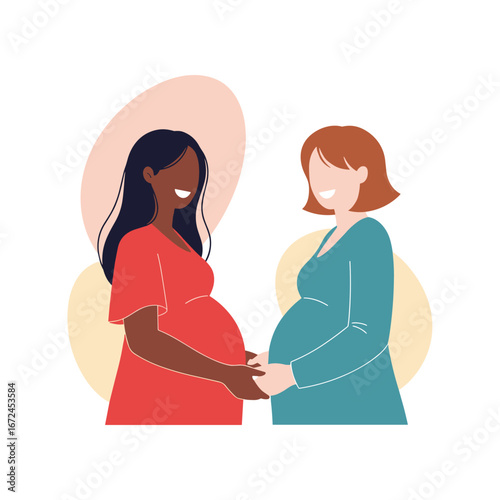 Diverse expectant mothers embracing motherhood with joy and shared experience creating a bond of female friendship