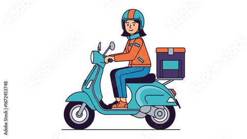 Delivery Rider: A young delivery person on a scooter, meticulously captured in vector style, embodies the efficiency and modern convenience of food and package deliveries.