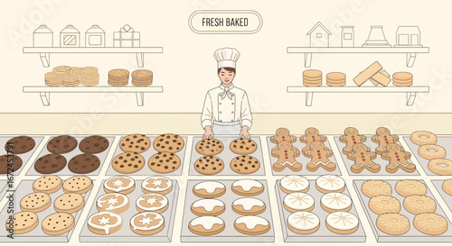 Cheerful Baker Displaying Freshly Baked Cookies and Various Sweet Pastries in Bakery