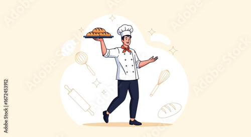 Cheerful Baker Holding Bread Celebrating Culinary Arts in Minimalist Illustration Style