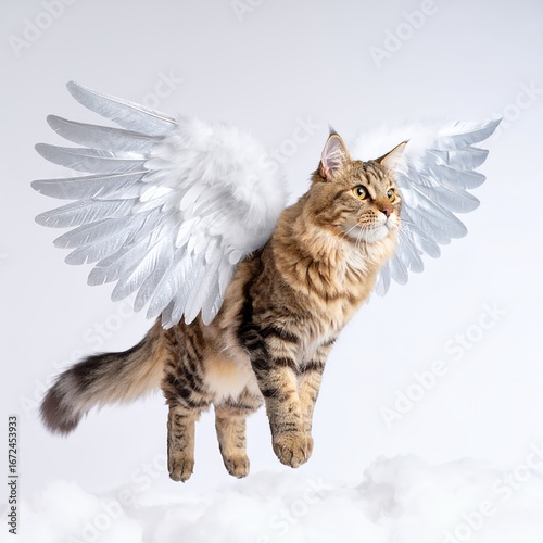 Whimsical feline with feathered wings floats ethereally in the sky on white background
