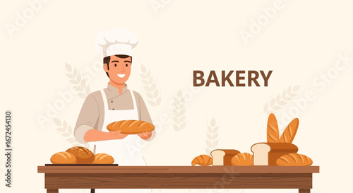 Cheerful Baker Offering Freshly Baked Bread Displayed On The Wooden Table