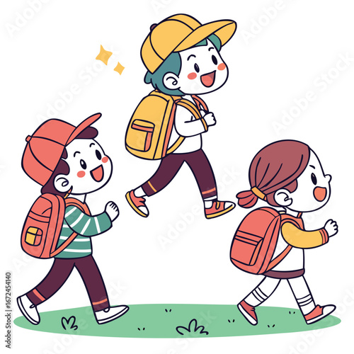 Cheerful Cartoon Children Heading to School with Backpacks and Hats on a Sunny Day Ready for Learning and Fun