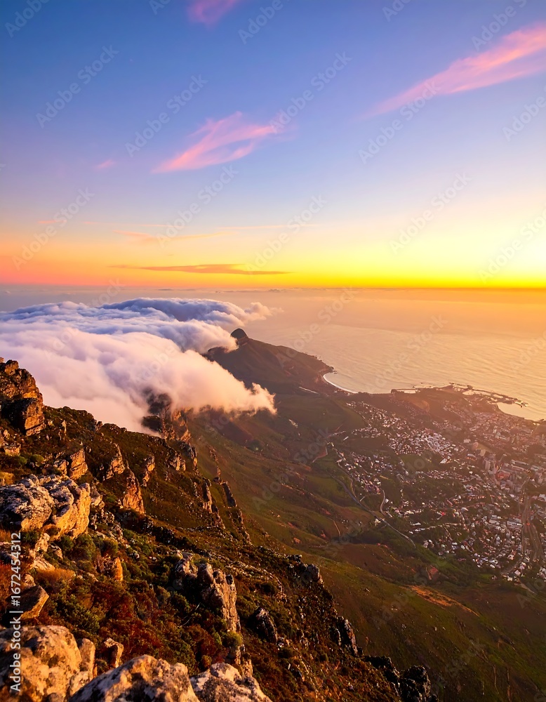 Obraz premium Sunset view from mountaintop, coastal city below, clouds hugging slopes