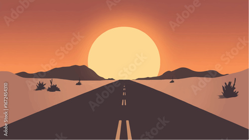 Road and Desert Landscape at Sunset. Serene Desert Illustration Featuring Sunset and Winding Road.