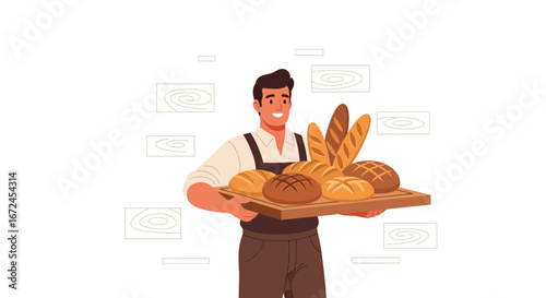 Cheerful Baker Presenting Assortment Of Freshly Baked Bread On Wooden Tray With Smile