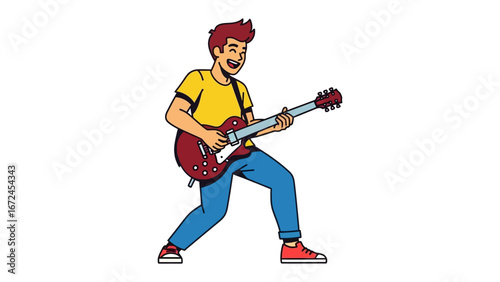 Electric Guitar Player: A vibrant illustration of a young musician fully engrossed in the joy of playing an electric guitar, embodying the energy and spirit of music.