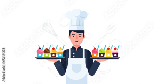 Cheerful Baker Presenting Delightful Cupcakes on Trays, Ideal for Culinary-Themed Projects