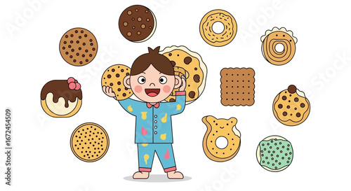 Cheerful Child Surrounded By Delicious Cookies, Symbol of Treats, Confectionery Delight