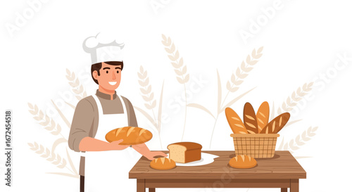 Cheerful Baker Presenting Freshly Baked Loaf Bread On Wooden Table In The Bakery
