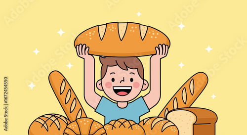 Cheerful Child With Bread, Expressing Joy, Holding Delicious Baked Goods Above Their Head