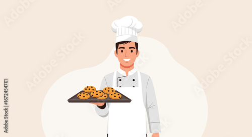 Cheerful Baker Proudly Presents Freshly Baked Cookies on a Baking Sheet