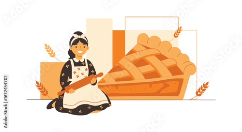 Cheerful Baker Ready To Serve, Presenting Delicious And Freshly Baked Pie Illustration