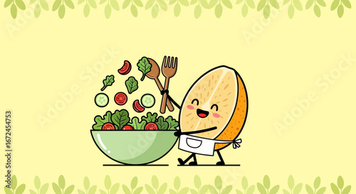 Cheerful Citrus Character Presenting a Deliciously Fresh Salad, Perfectly Illustrated