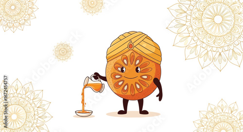 Cheerful Citrus Character Serving Refreshing Beverage on Ornamental Floral Backdrop