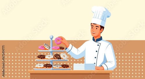 Cheerful Baker Selecting Delicious Donut Treats From a Tiered Display Stand