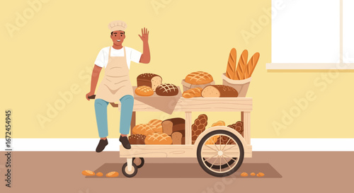 Cheerful Baker Sits Beside Bread Cart, Offering Freshly Baked Culinary Delights