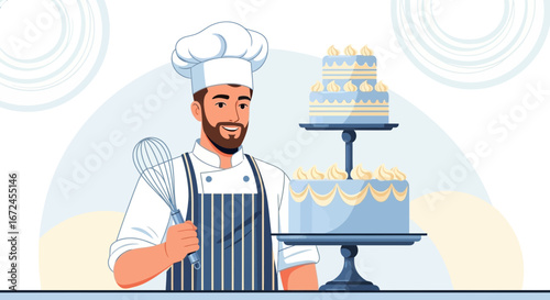 Cheerful Baker Whipping Cream While Presenting Delicious Two Tier Cake On A Stand